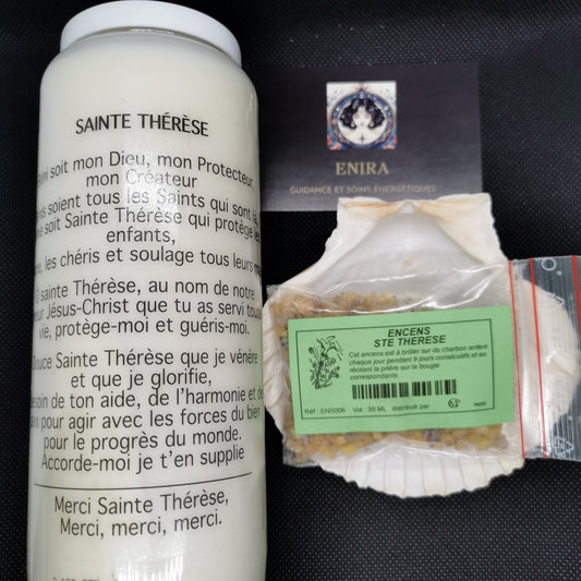 Pack Spirituel – Bougie de Neuvaine Sainte Thérèse + Encens en Grains Sainte Thérèse 20grs "Dévotion & Protection Spirituelle"