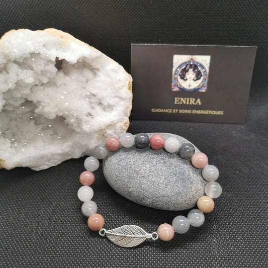 Mala Bracelet Rhodonite & Quartz Gris – Harmonie Émotionnelle & Clarté – Plume – 8 mm