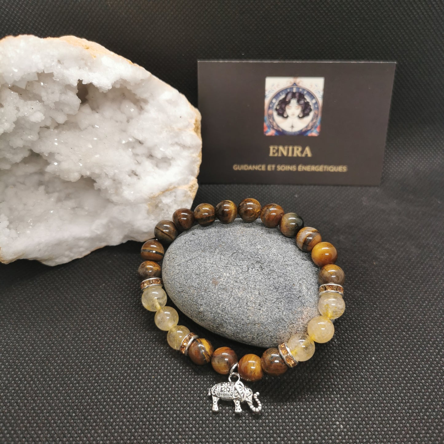 Bracelet Œil de Tigre & Quartz Rutile – Protection & Lucidité – 8 mm avec Élément Éléphant