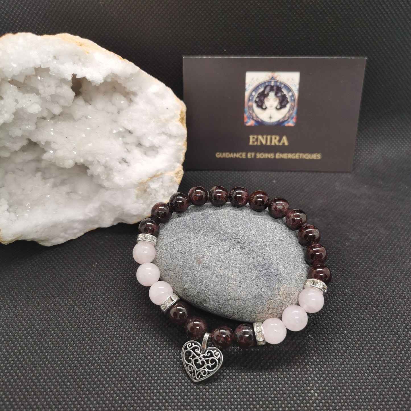 Bracelet Grenat & Quartz Rose – Énergie & Douceur – 8 mm avec Cœur