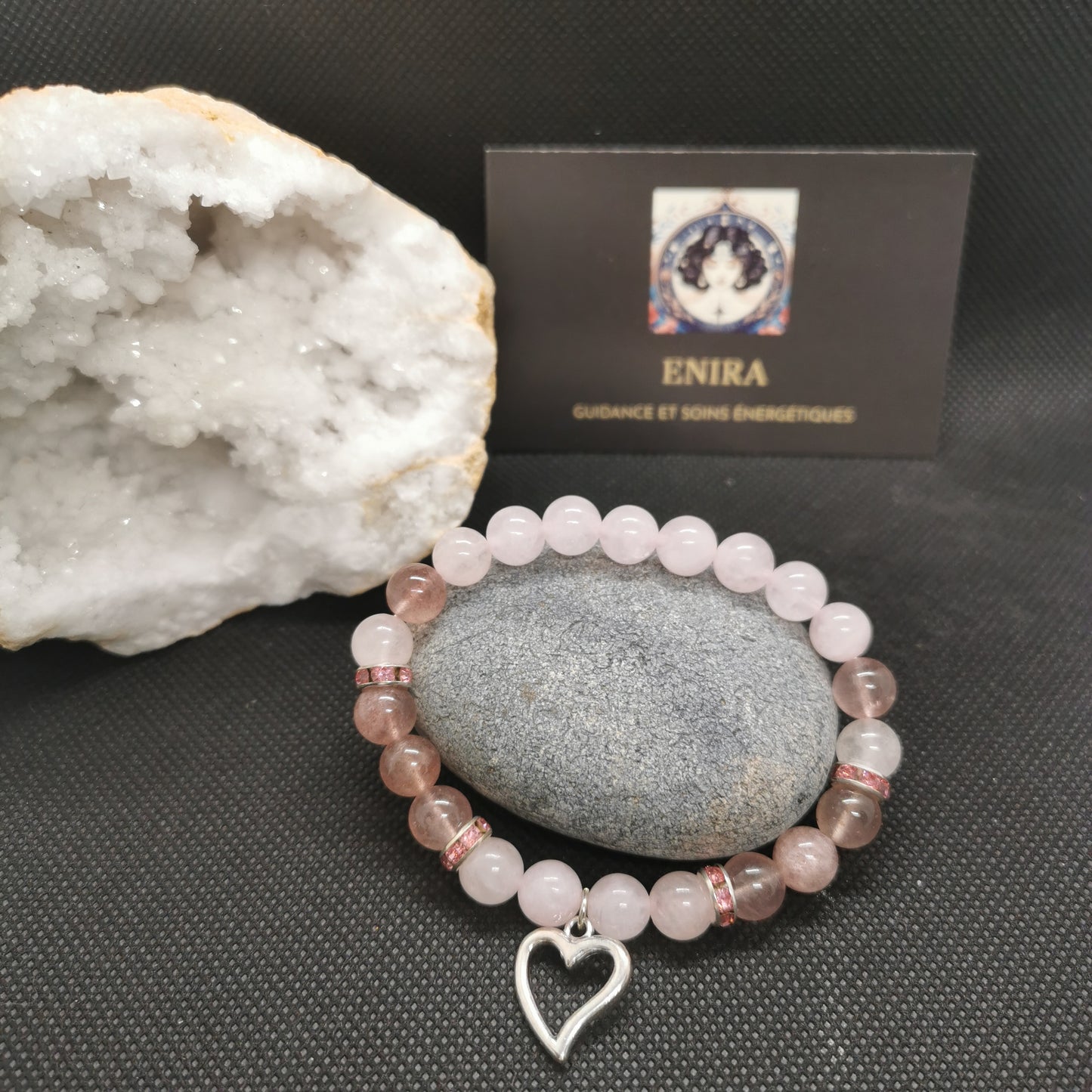 Bracelet Quartz Rose & Quartz Fraise – Amour & Douceur – 8 mm avec Cœur