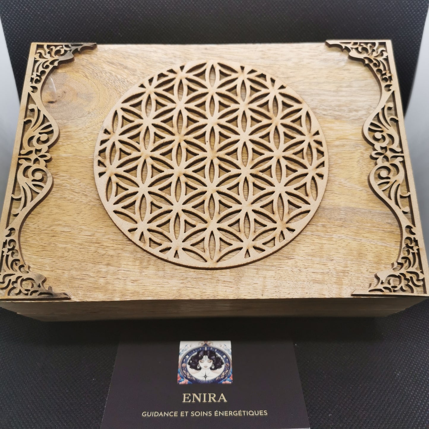 Coffret Fleur de Vie en bois de Manguier – Rangement Tarot, Oracles, Bijoux ou Pendule – 18x12x7 cm