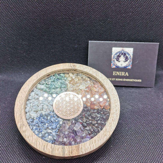 Dessous de Verre / Carafe Chakras & Fleur de Vie en Bois – 10 cm – Rechargement & Harmonisation Énergétique