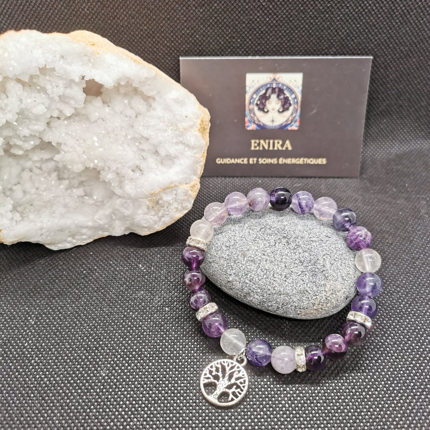 Bracelet en fluorite & améthyste naturelle 8 mm arbre de vie. Équilibre, Spiritualité et Bien-être .