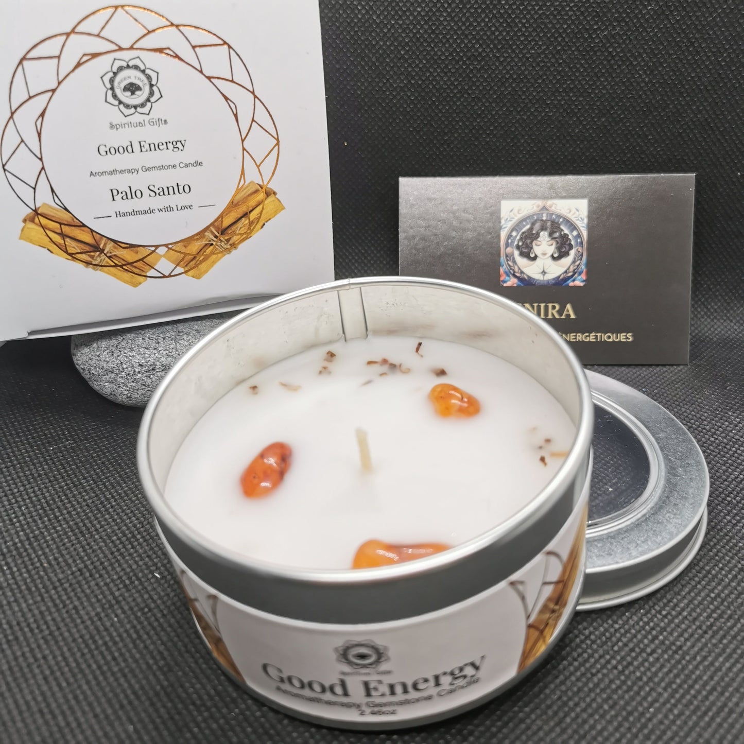 Bougie ’Énergie Positive’ Cornaline + Palo Santo