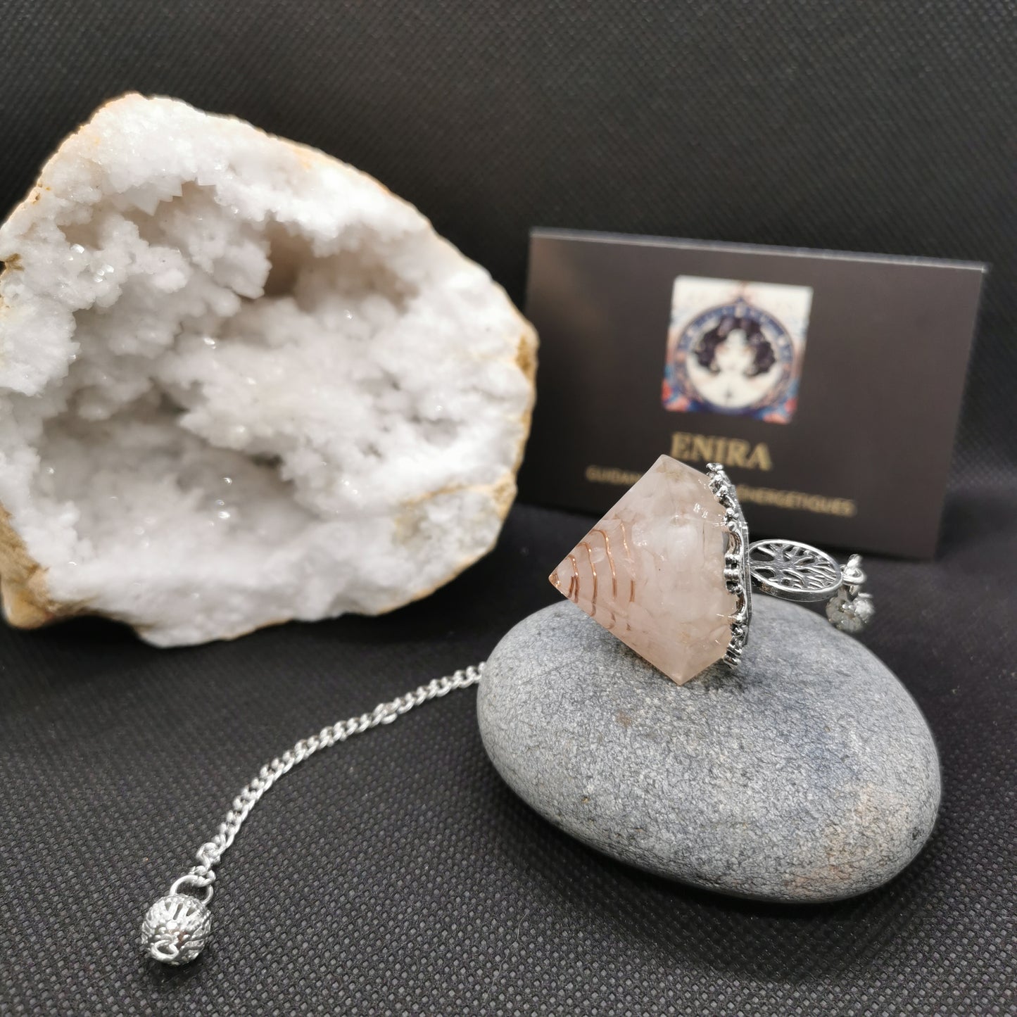 Pendule Orgonite Quartz Rose/ Cuivre et Arbre de vie