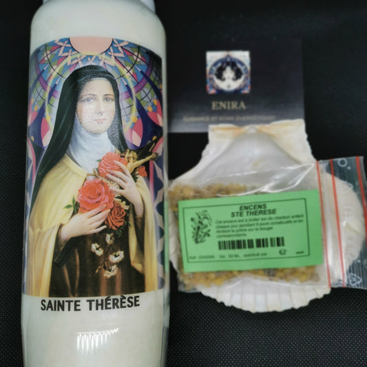 Pack Spirituel – Bougie de Neuvaine Sainte Thérèse + Encens en Grains Sainte Thérèse 20grs "Dévotion & Protection Spirituelle"