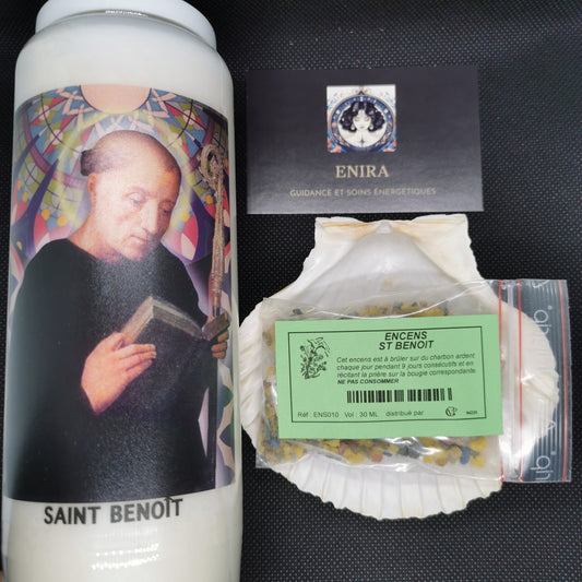 Pack Spirituel – Bougie de Neuvaine Saint Benoît + Encens en Grains Saint Benoît 20 g – Protection & Purification