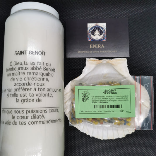 Pack Spirituel – Bougie de Neuvaine Saint Benoît + Encens en Grains Saint Benoît 20 g – Protection & Purification