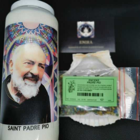 Pack Spirituel – Bougie de Neuvaine Padre Pio + Encens en Grains Padre Pio 20grs " Foi et Guérison "