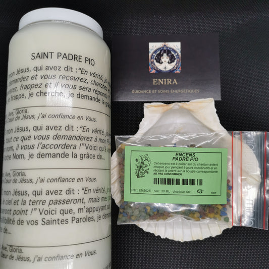 Pack Spirituel – Bougie de Neuvaine Padre Pio + Encens en Grains Padre Pio 20grs " Foi et Guérison "