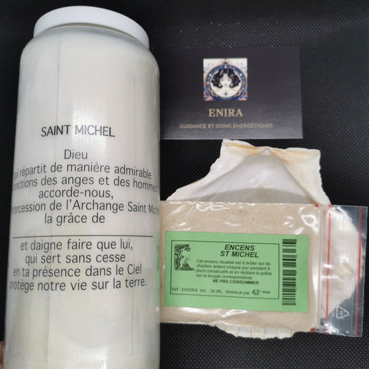 Pack Spirituel – Bougie de 9 Jours Saint Michel + Encens en Grains Saint Michel 20 g – Protection & Force Divine