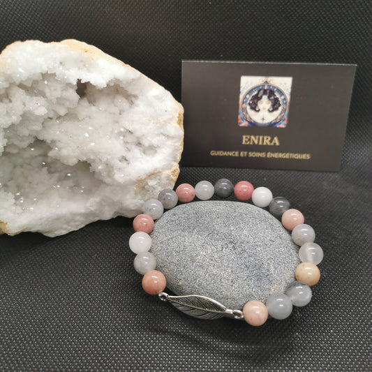Mala Bracelet Rhodonite & Quartz Gris – Harmonie Émotionnelle & Clarté – Plume – 8 mm
