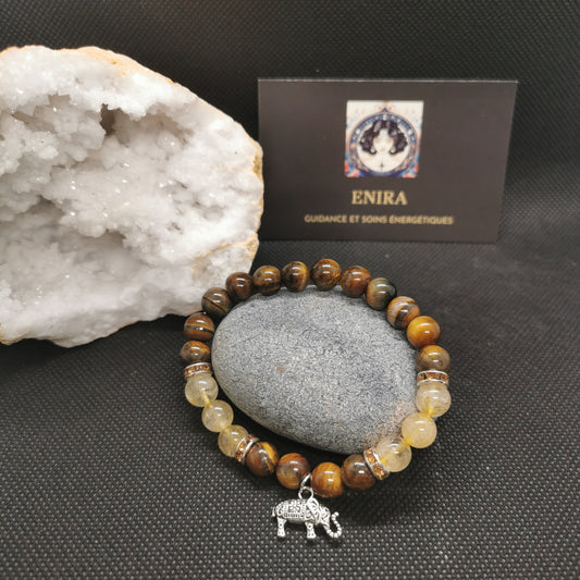 Bracelet Œil de Tigre & Quartz Rutile – Protection & Lucidité – 8 mm avec Élément Éléphant