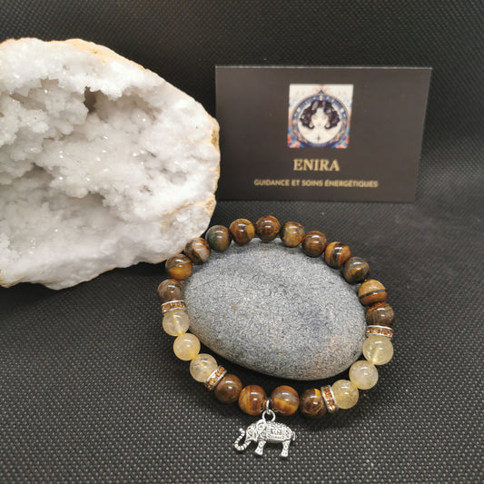 Bracelet Œil de Tigre & Quartz Rutile – Protection & Lucidité – 8 mm avec Élément Éléphant