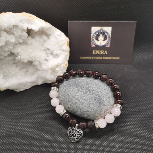 Bracelet Grenat & Quartz Rose – Énergie & Douceur – 8 mm avec Cœur