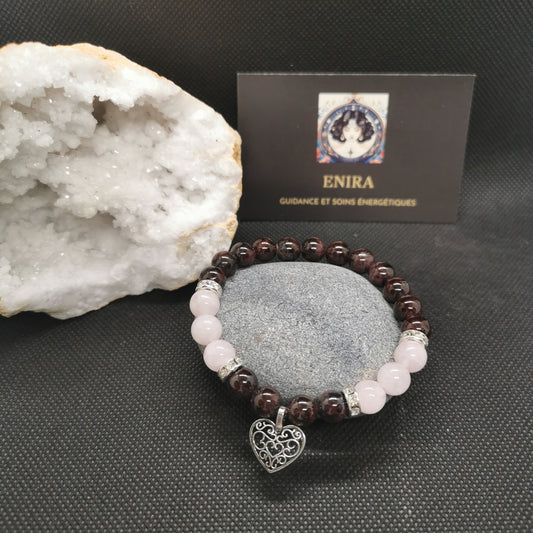 Bracelet Grenat & Quartz Rose – Énergie & Douceur – 8 mm avec Cœur