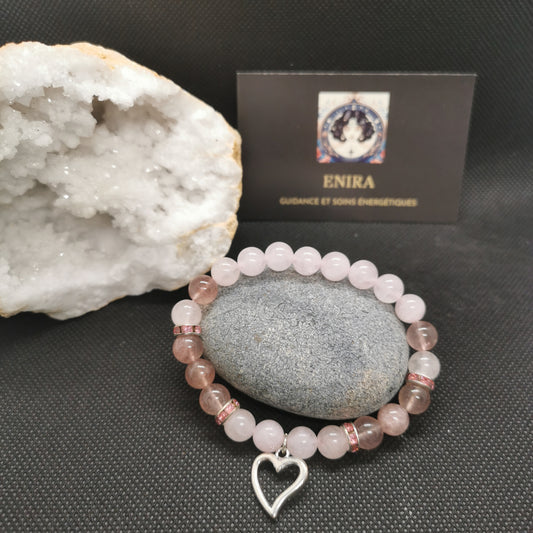 Bracelet Quartz Rose & Quartz Fraise – Amour & Douceur – 8 mm avec Cœur