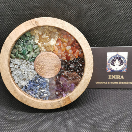 Dessous de Verre / Carafe Chakras & Fleur de Vie en Bois – 10 cm – Rechargement & Harmonisation Énergétique
