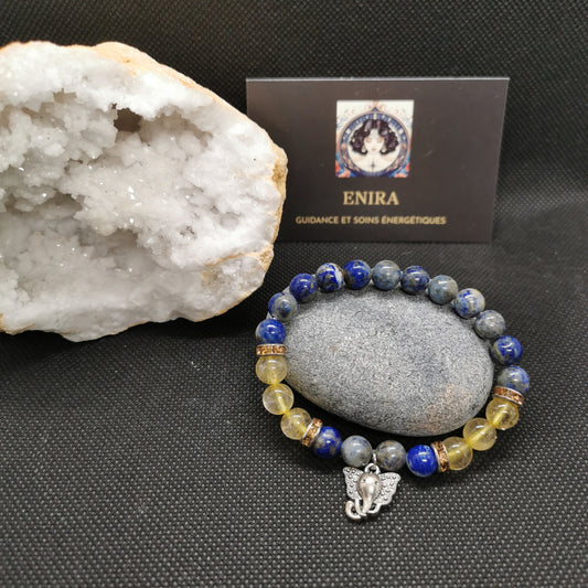 Bracelet Lapis Lazuli & Quartz Rutile avec Ganesh – Protection, Sagesse & Réussite 8 mm