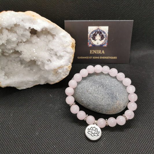 Bracelet Quartz Rose 8 mm avec Lotus – Amour, Douceur & Ouverture du Coeur