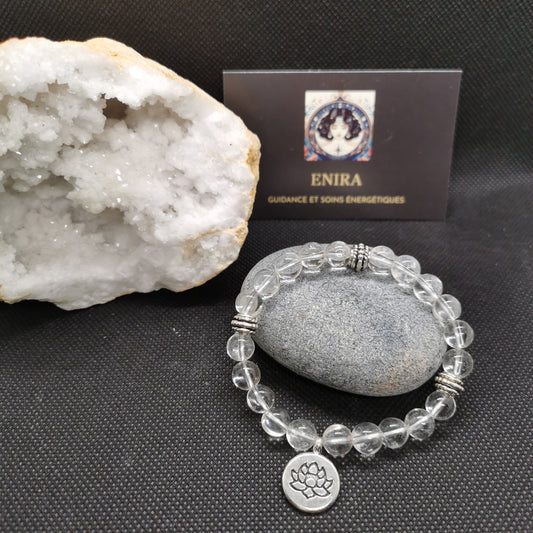 Mala Bracelet Cristal de Roche avec Lotus – Éveil & Clarté – Élastiqué 8mm