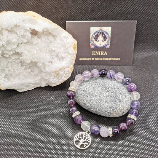 Bracelet en fluorite & améthyste naturelle 8 mm  arbre de vie. Équilibre, Spiritualité et Bien-être .