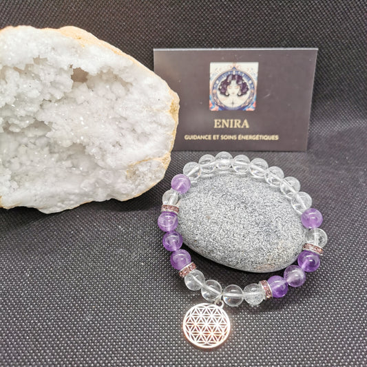 Bracelet Cristal de Roche & Améthyste – Fleur de Vie – Équilibre & Spiritualité – 8 mm